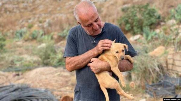 In this photo provided by Mashala Shelter, Hussein Hamza carries a puppy at his animal shelter in Kfour, south Lebanon in 2024. (Mashala Shelter via AP)