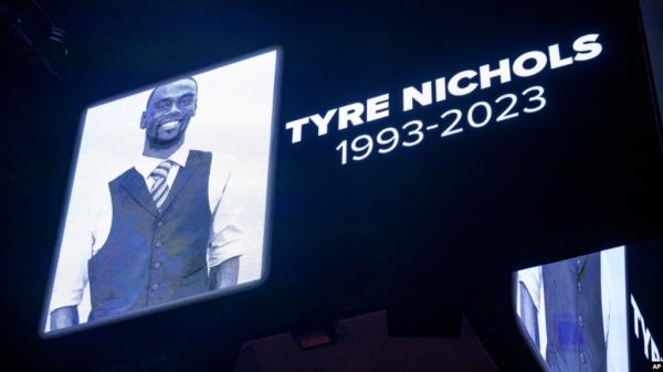 FILE - The screen at the Smoothie King Center in New Orleans ho<em></em>nors Tyre Nichols before an NBA basketball game between the New Orleans Pelicans and the Washington Wizards, Jan. 28, 2023.