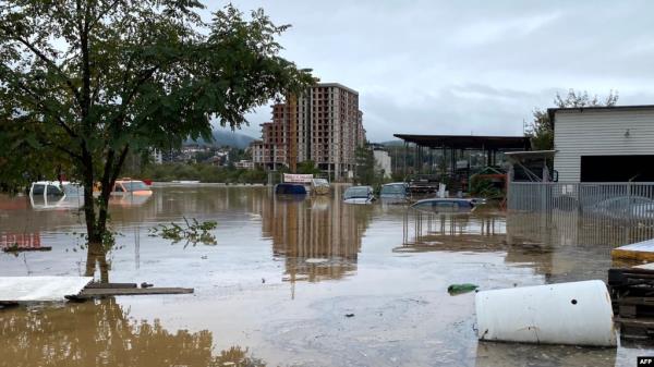 Vehicles are partially submerged following heavy rains in the town of Kiseljak, a<em></em>bout twenty kilometres west of Sarajevo on Oct. 4, 2024. 