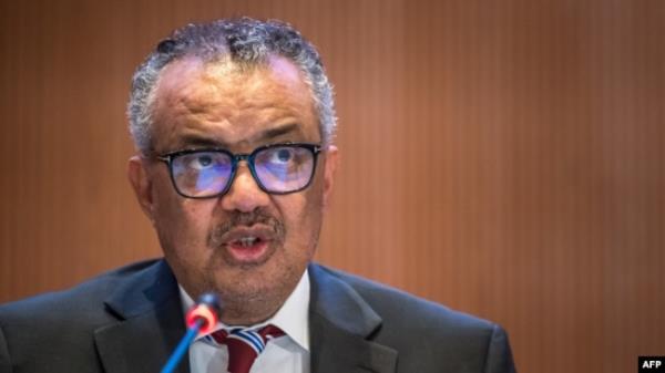 FILE- World Health Organization (WHO) Director-General Tedros Adhanom Ghebreyesus delivers a speech at the 77th World Health Assembly, in Geneva, May 27, 2024.