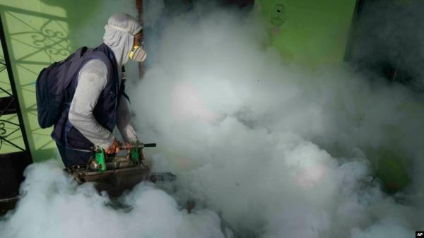 FILE - A health worker fumigates for mosquitoes inside a home to help mitigate the spread of dengue in the Las Penitas area of Talara, Peru, March 1, 2024.