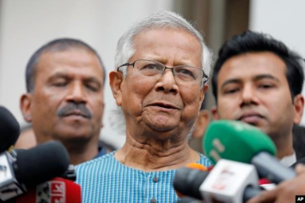 FILE- Muhammad Yunus speaks to reporters in Dhaka, Bangladesh, March 3, 2024.