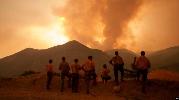 FILE - Firefighters mo<em></em>nitor the advancing Line Fire in Angelus Oaks, Calif., Sept. 9, 2024. 