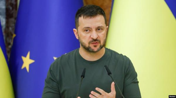 FILE - Ukraine's President Volodymyr Zelenskyy speaks in Kyiv, Ukraine, Sept. 20, 2024. Kremlin propaganda has included false stories of Zelenskyy buying yachts and preparing to flee his country for the U.S. 