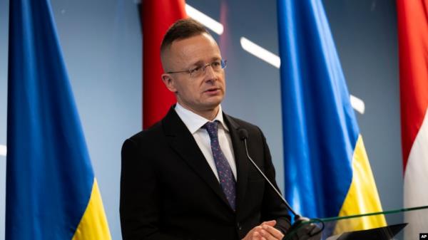 FILE - Hungary's foreign minister Peter Szijjarto speaks during a press co<em></em>nference in Kamianytsia, Ukraine, Jan. 29, 2024.