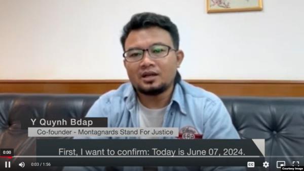 FILE - Y Quynh Bdap, co-founder of Mo<em></em>ntagnards Stand for Justice, speaks on his video on June 7, 2024.