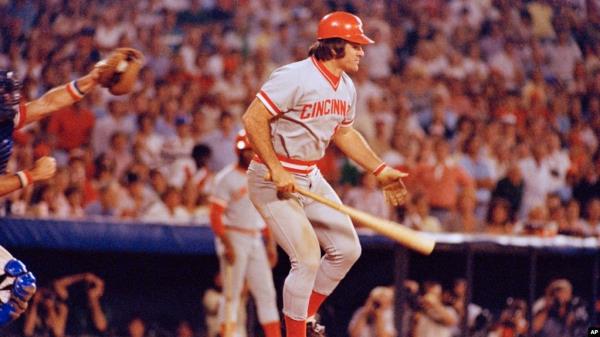 FILE - Pete Rose of the Cincinnati Reds in action at the bat against the Atlanta Braves in Atlanta, Aug. 2, 1978. At left is Atlanta catcher Joe Nolan. 