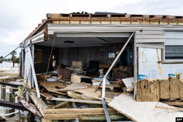 An exposed interior view of a damaged house is seen after Hurricane Helene made landfall in Horseshoe Beach, Florida, on Sept. 28, 2024.