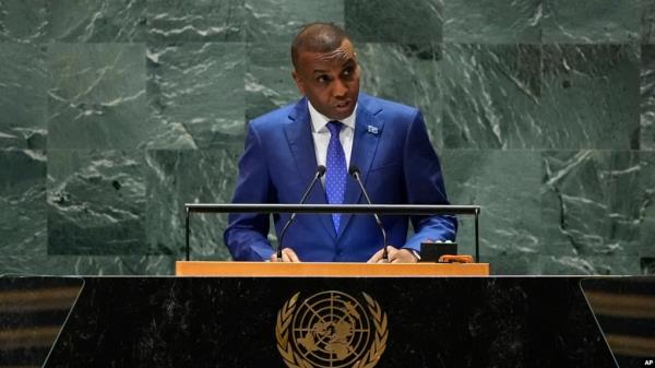 Somalian Prime Minister Hamza Abdi Barre addresses the 79th session of the United Nations General Assembly in New York on Sept. 27, 2024. In his speech, he accused Ethiopia of actions that "flagrantly violate" Somalia's territorial integrity.