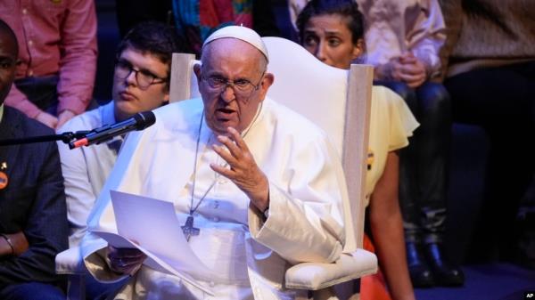 Pope Francis speaks as he meets with students of the Louvain Catholic University in Ottignies-Louvain-la-Neuve, Belgium, Sept. 28, 2024