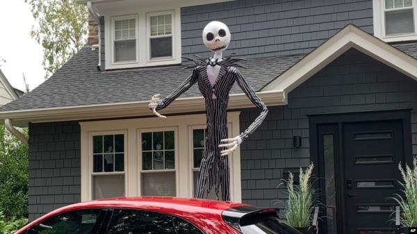 A towering figure of Jack Skellington from the film 'The Nightmare Before Christmas' appears in front of a house in Westchester County, NY, on Sept. 23, 2024.