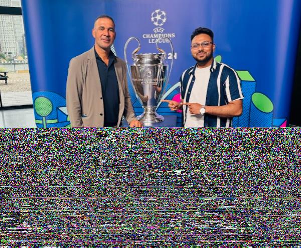 With Ruud Gullit, during the 2024 eChampions league final in front of the Champions League Trophy. Photo: Courtesy
