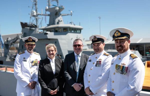 Dignitaries including (L-R) RADM Stephen Hughes, Hon. Justice Natalie Charlesworth and Mr Jim McDowell at the launch. (Luerssen Australia).