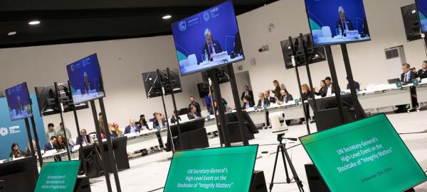 UN Secretary-General António Guterres pictured o<em></em>nscreen at the COP29 High-Level event: Implementation of the report “Integrity Matters” by the High-level Expert Group on the Net-Zero Emissions Commitments of Non-State Entities (HLEG).