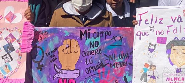 Posters made by children from Ixtapaluca, State of Mexico, alluding to the eradication of violence against women and girls.