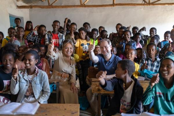 Yasmine Sherif, Executive Director, Education Cannot Wait (ECW) and Nicolai Wammen, ECW Global Champion and Danish Minister of Finance, visit a school in the Tigray Region in Ethiopia. The delegation met with girls and boys whose education was interrupted for over three years due to conflict. Thanks to ECW & strategic partners’ support in the region, students are back in the classroom wher<em></em>e they belong. Credit: ECW/Tesfaye