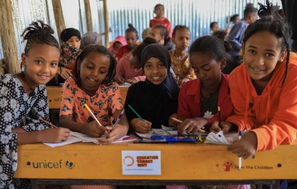 Displaced and host community students who attend the ECW-supported Embandaso Primary School in the Tigray Region, Ethiopia, enjoy drawing so they can express their feelings and their dreams. Credit: ECW/Tesfaye