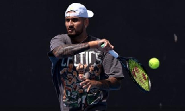 Nick Kyrgios hits a return during a training session on Thursday