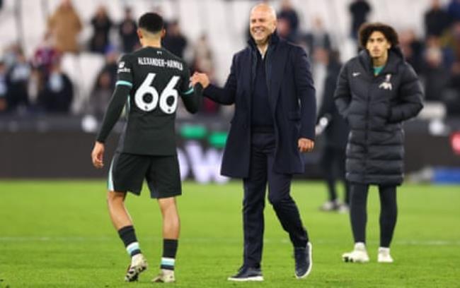 Trent Alexander-Arnold and Arne Slot shake hands after Liverpool beat West Ham